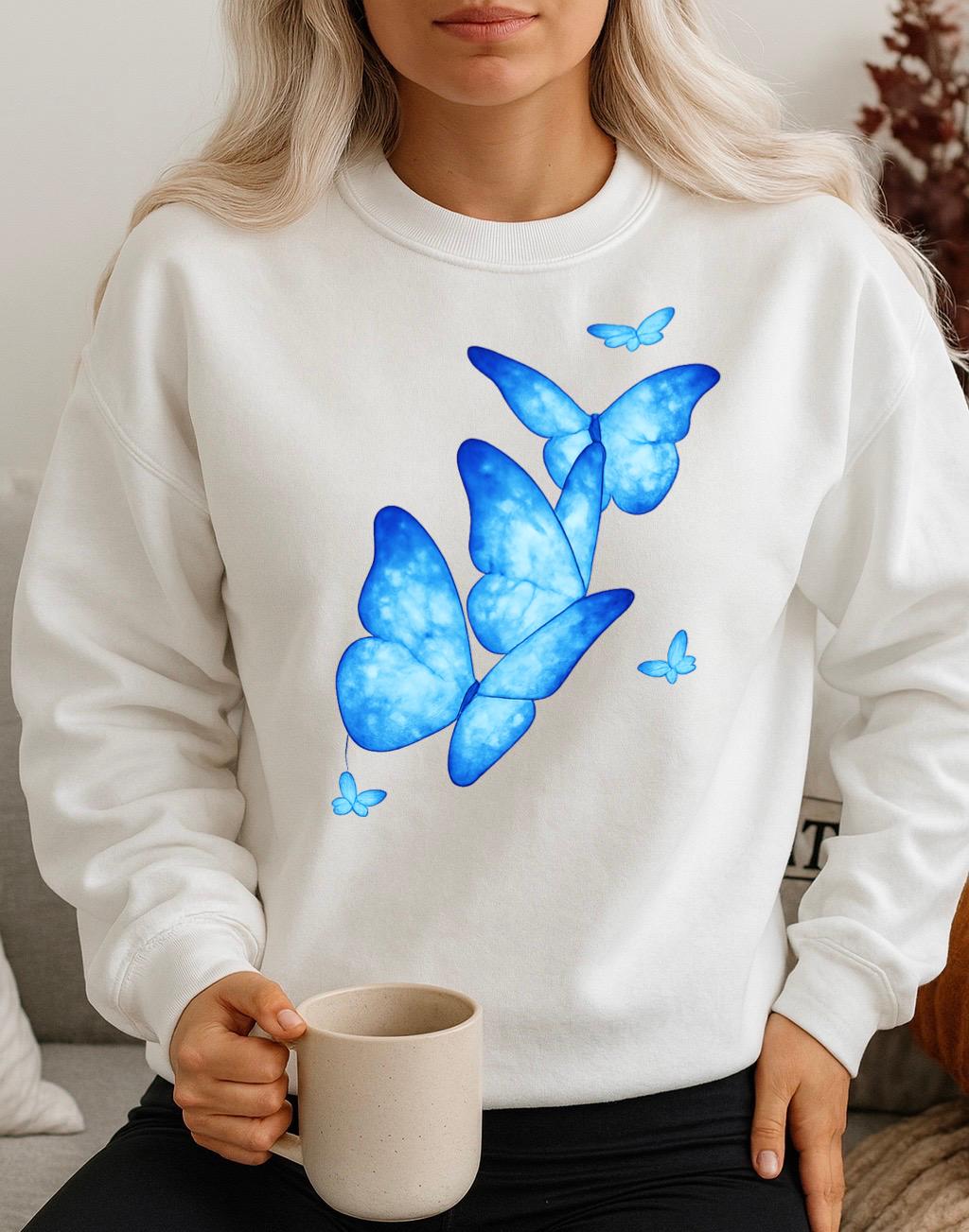 Fehér Blúz 100% pamutból 3 blue butterflies
