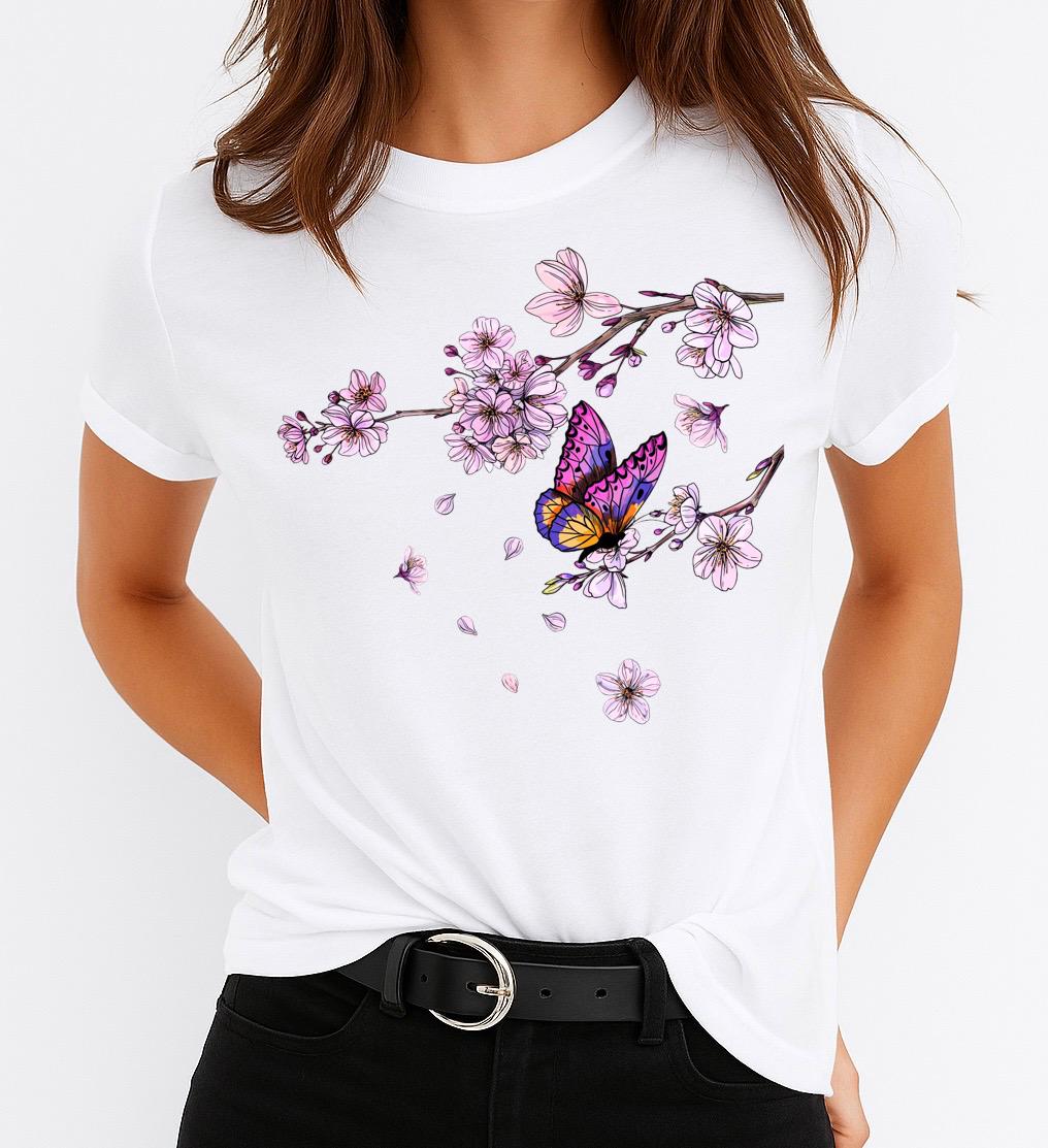 Női póló 100% pamutból Rózsaszín Butterfly