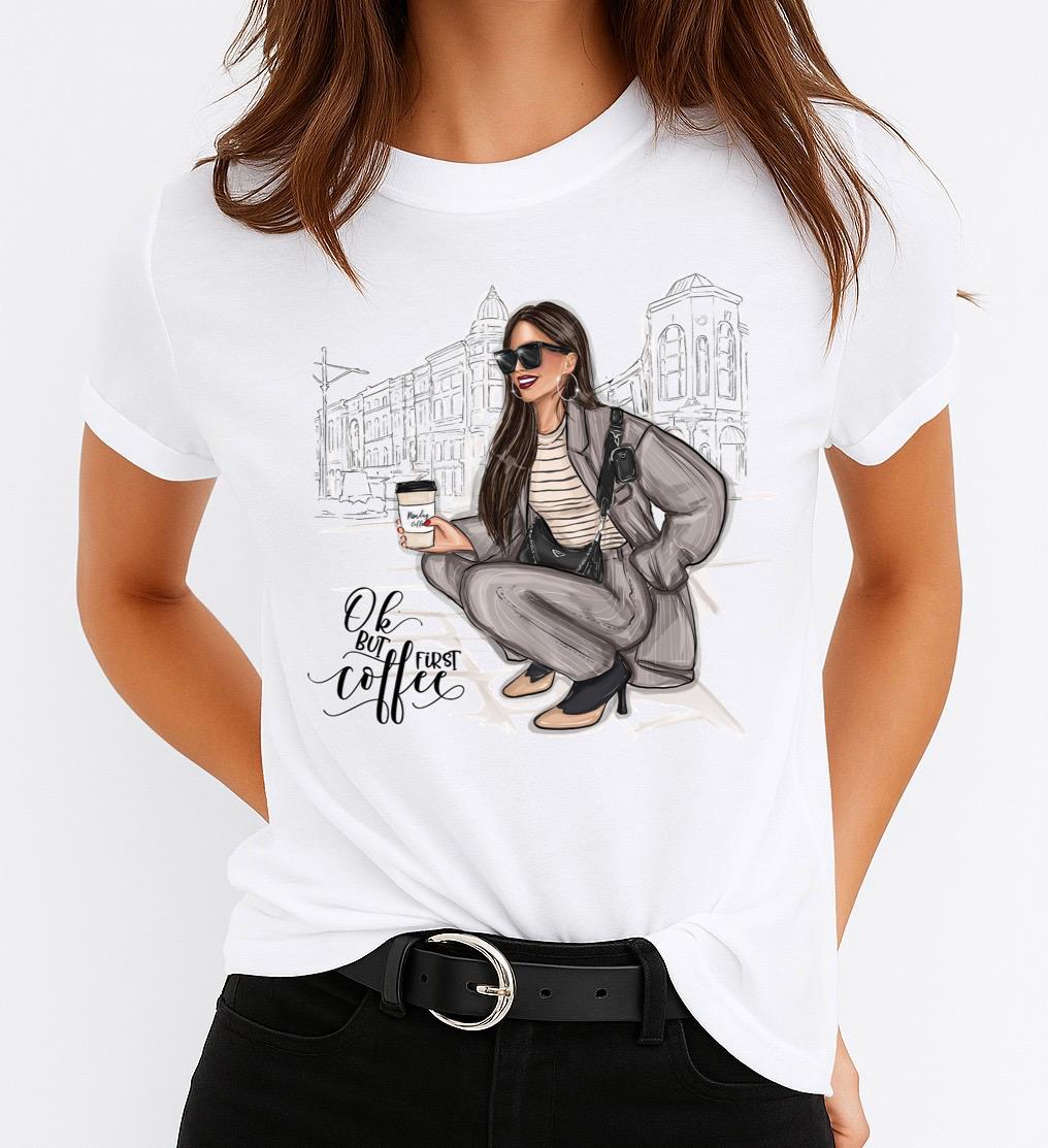 Női póló 100% pamutból But First Coffee 2