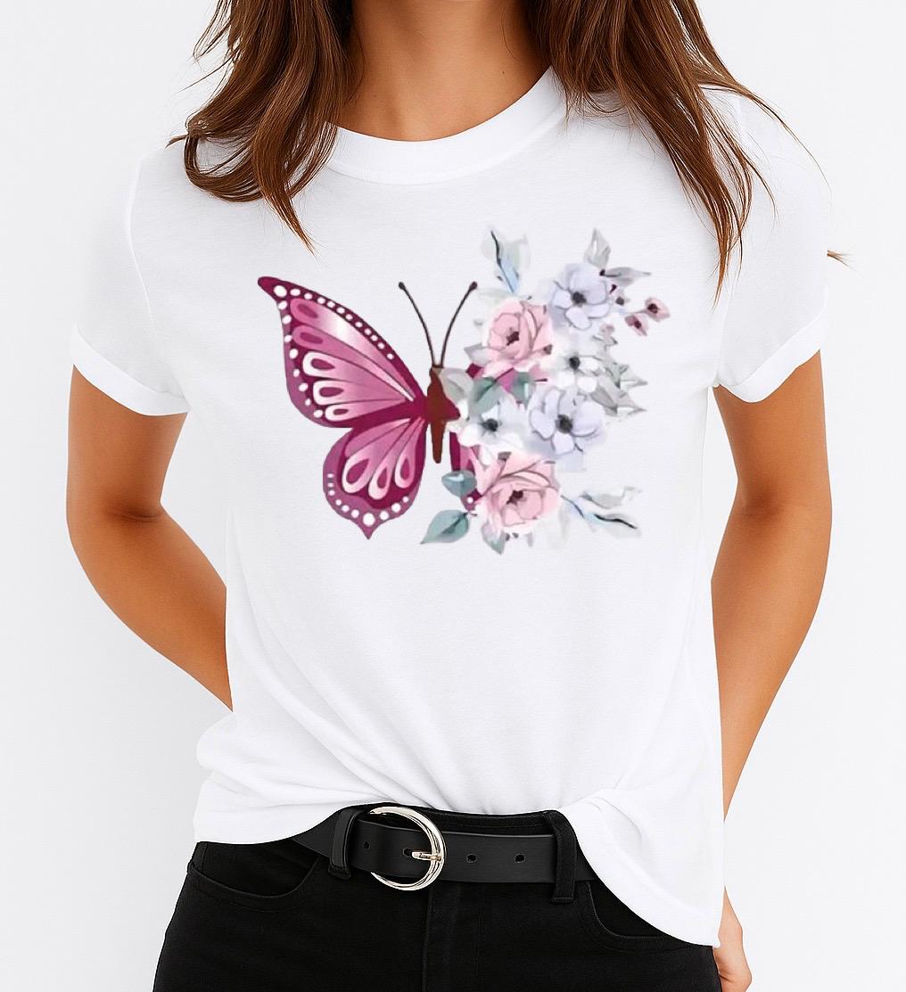 Női póló 100% pamutból Pink Butterfly