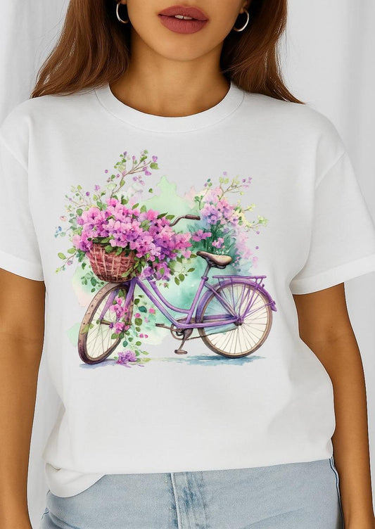 Női póló 100% pamutból Virágos bicikli