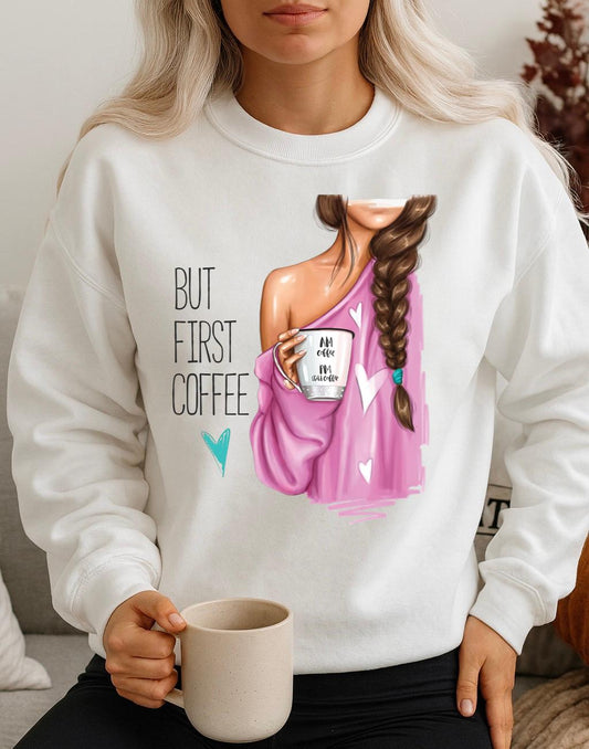 Fehér Blúz 100% pamutból But First Coffee
