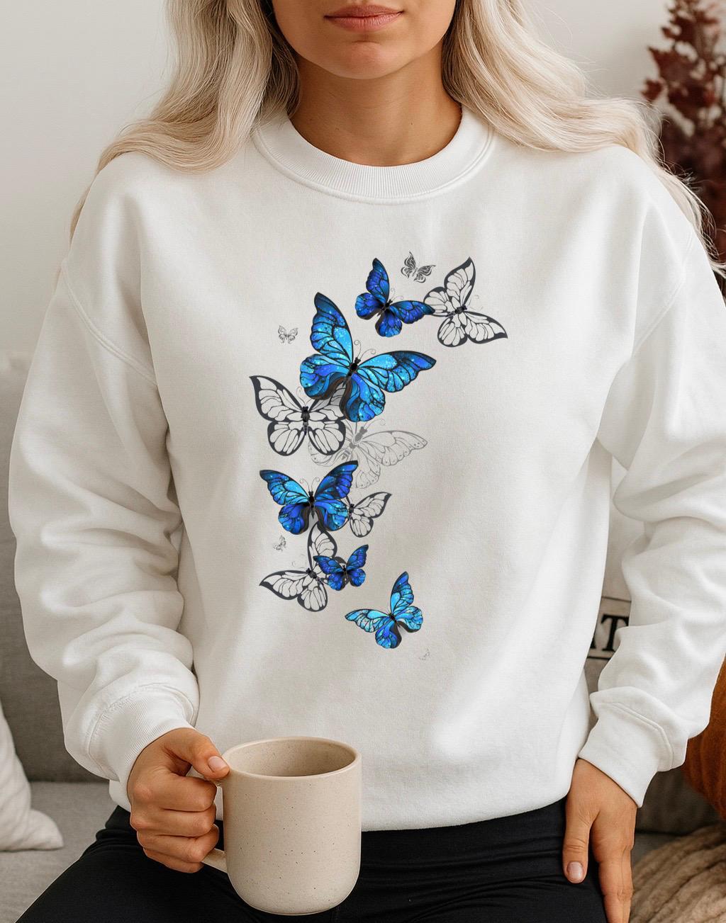 Fehér Blúz 100% pamutból Blue Butterflies