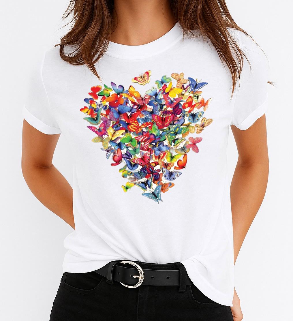 Női póló 100% pamutból Heart Butterfly Multicolor
