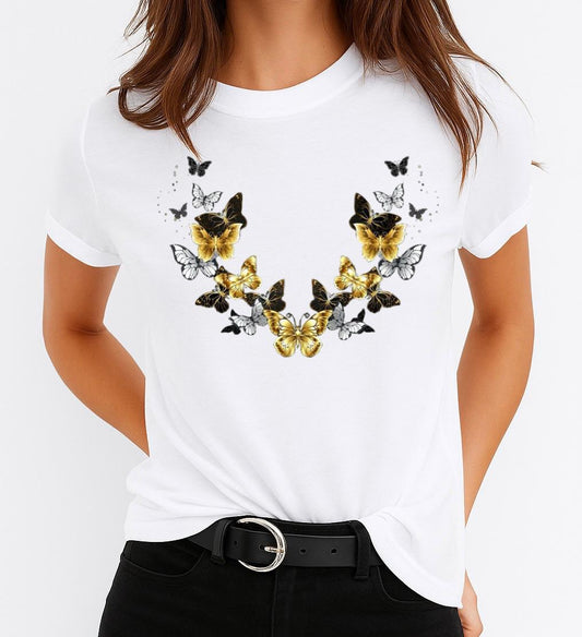 Női póló 100% pamutból Yellow-Black Butterflies