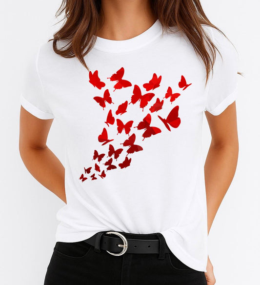 Női póló 100% pamutból Red Butterflies