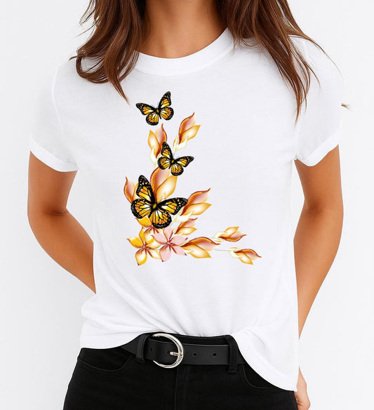 Női póló 100% pamutból Yellow 3 Butterflies