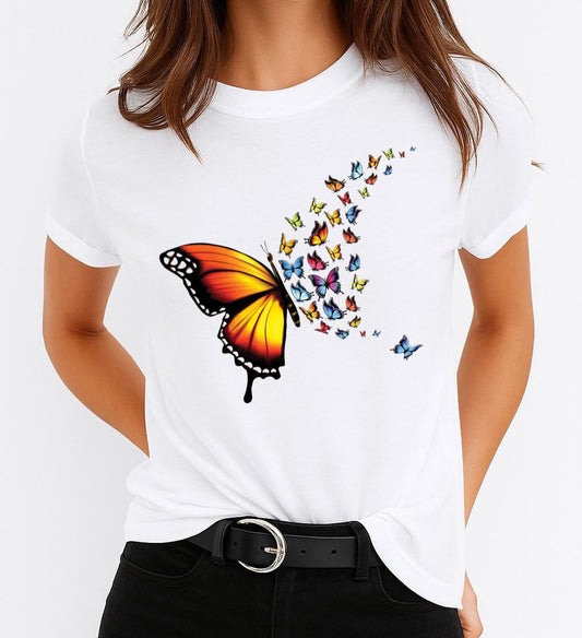 Női póló 100% pamutból Yellow Big Butterfly