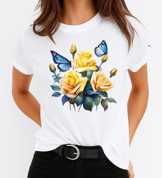 Női póló 100% pamutból 3 Sárga virágok