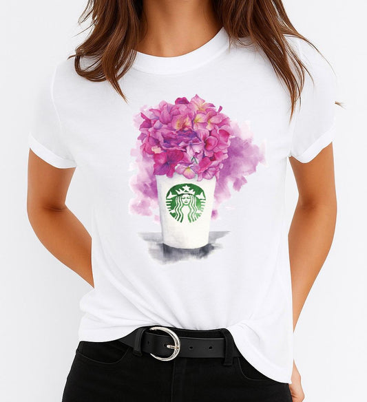 Női póló 100% pamutból Coffee Lila Flowers